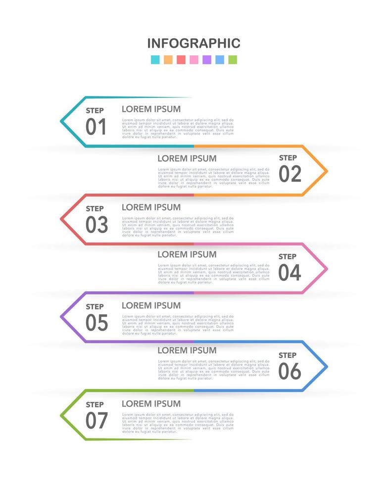 Infografik bunt Etiketten Pfeile 7 Optionen oder Schritte. Vektor Illustration.