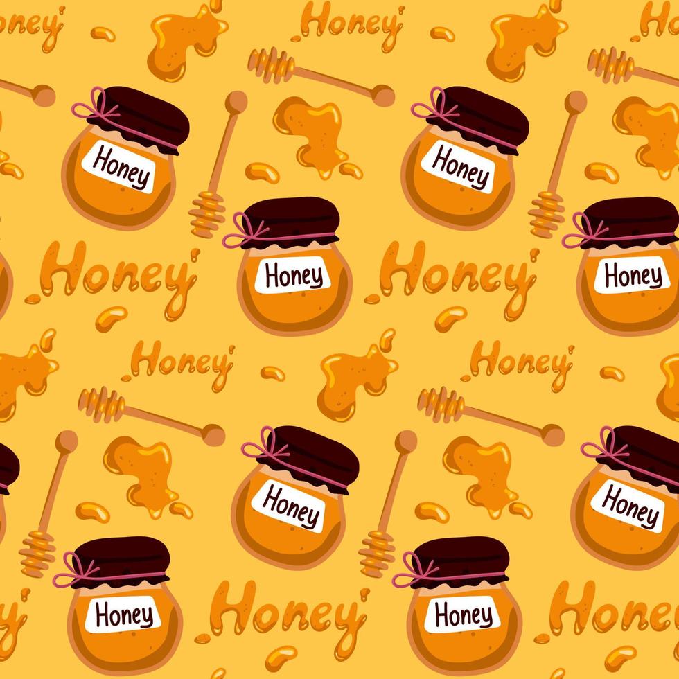 Biene Honig nahtlos Muster Honig Gelb Vorlage mit ein Krug von Honig. süß Hand gezeichnet Süss natürlich Honig Hintergrund Vorlagen. Vektor Illustration.