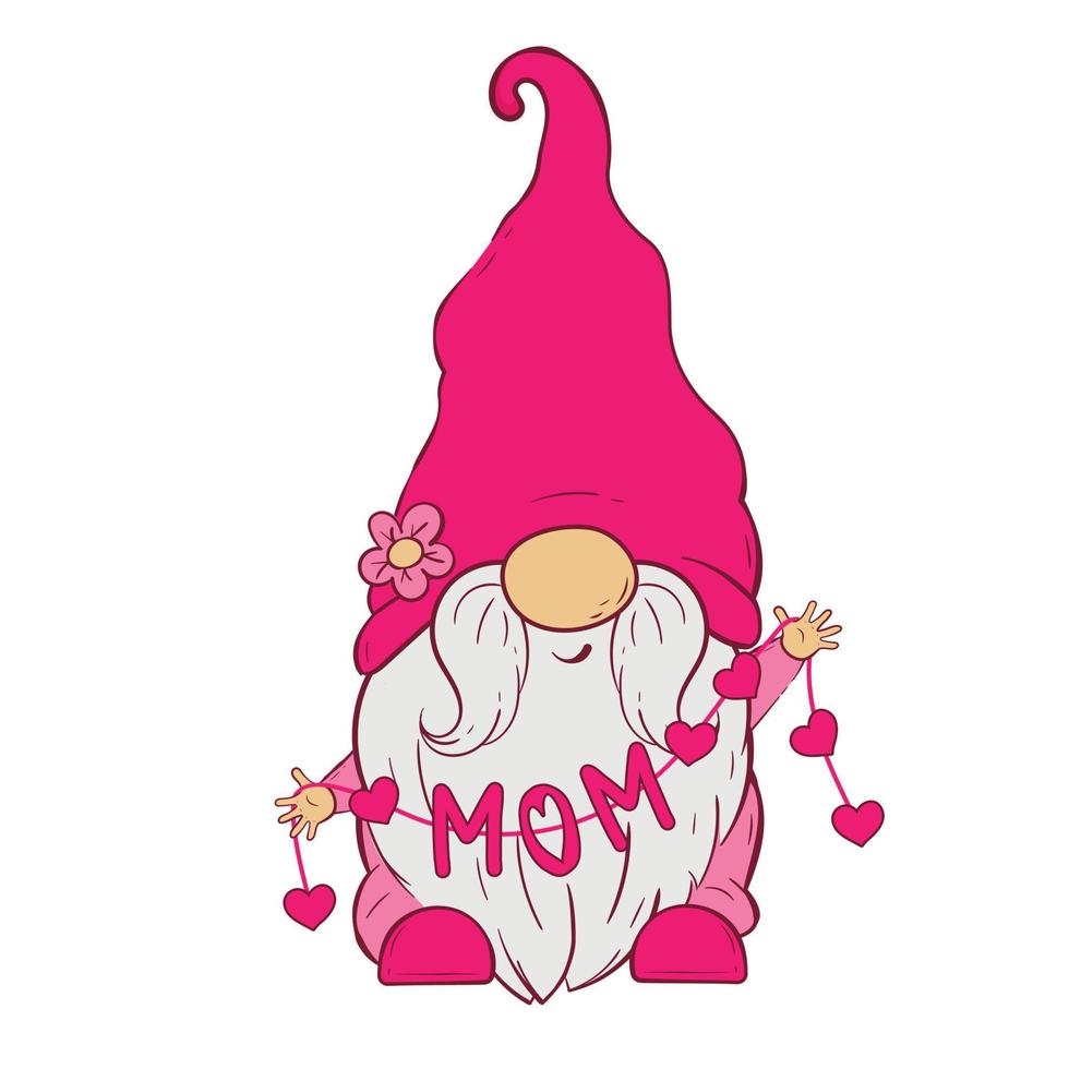 gnome i en rosa hatt innehar en rep med hjärtan och de inskrift mamma vektor