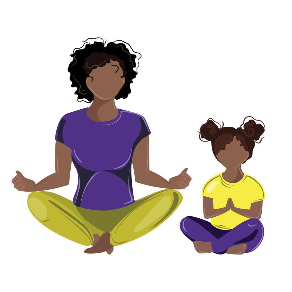 afrikansk amerikan mor och dotter håller på med yoga tillsammans i lotus position.ung kvinna mediterar med henne barn vektor illustration isolerat på vit bakgrund.barn yoga. familj yoga.
