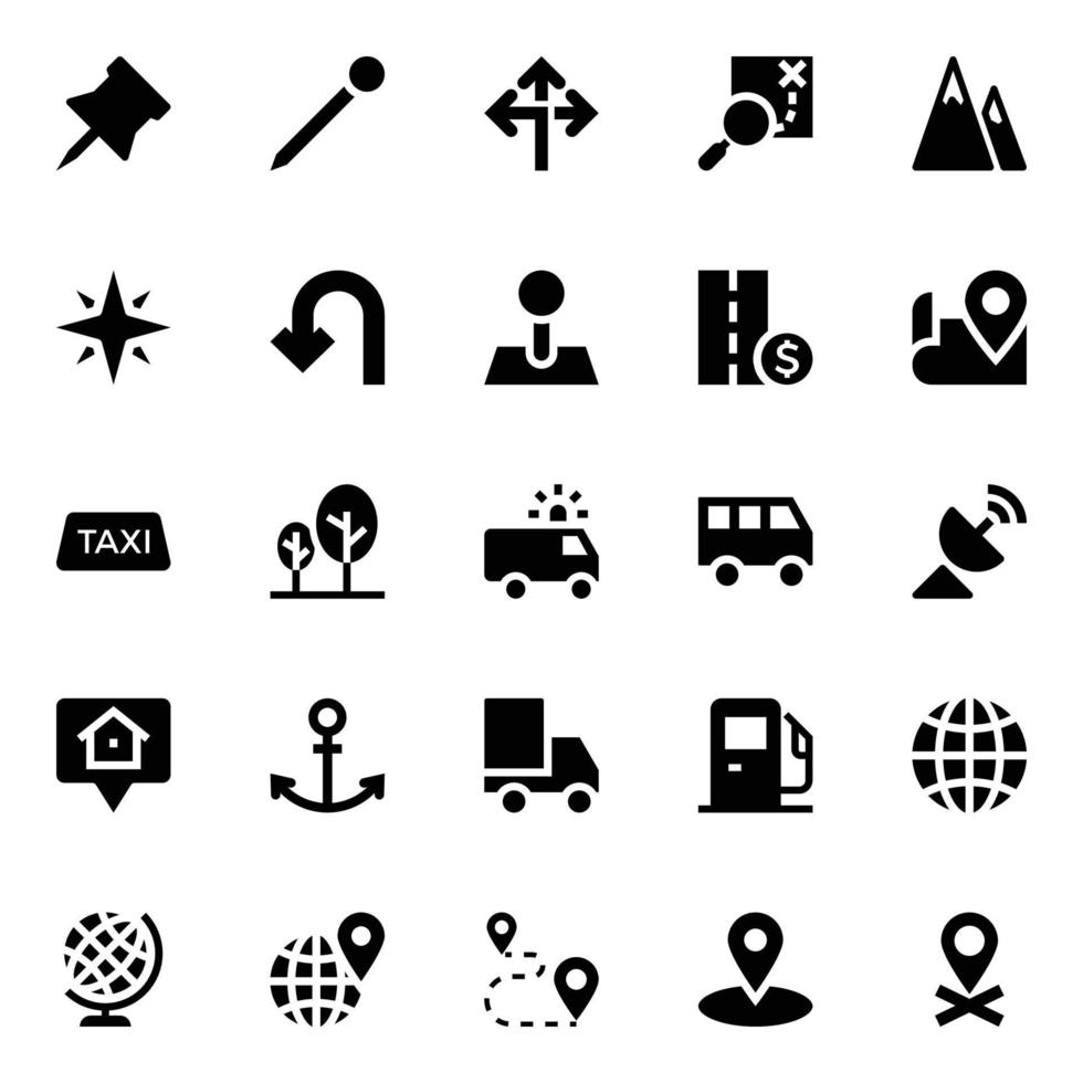 glyf ikoner för Karta och navigering. vektor