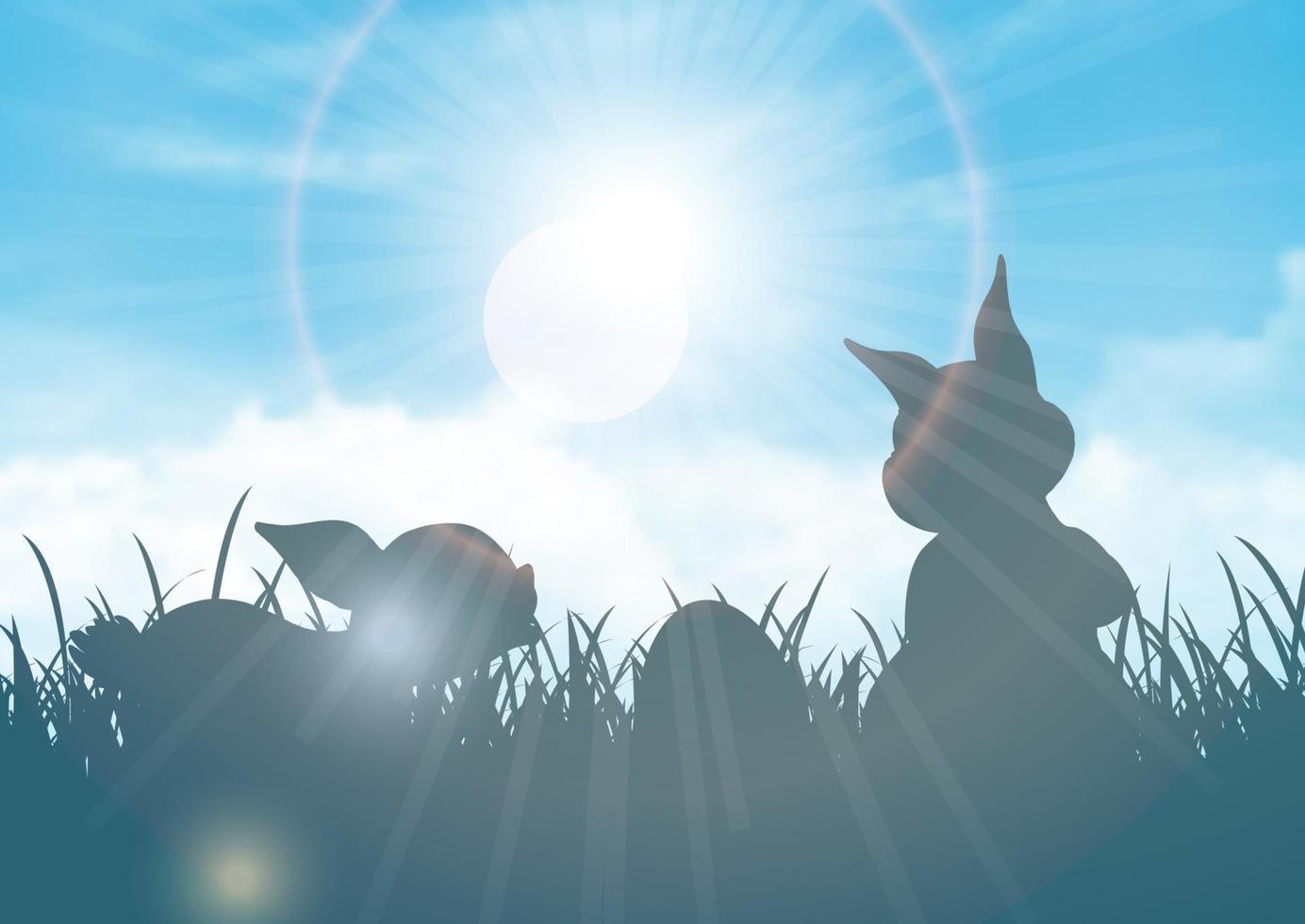 påsk bakgrund med silhuetter av kaniner mot en blå solig himmel vektor
