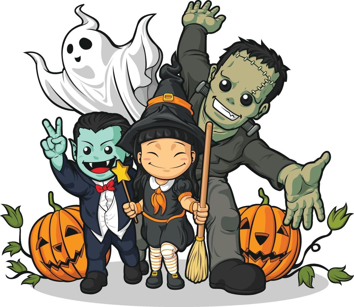 Halloween Monster Cartoon. Hexe, Vampir, Geister Kostüm Vektor Zeichnung