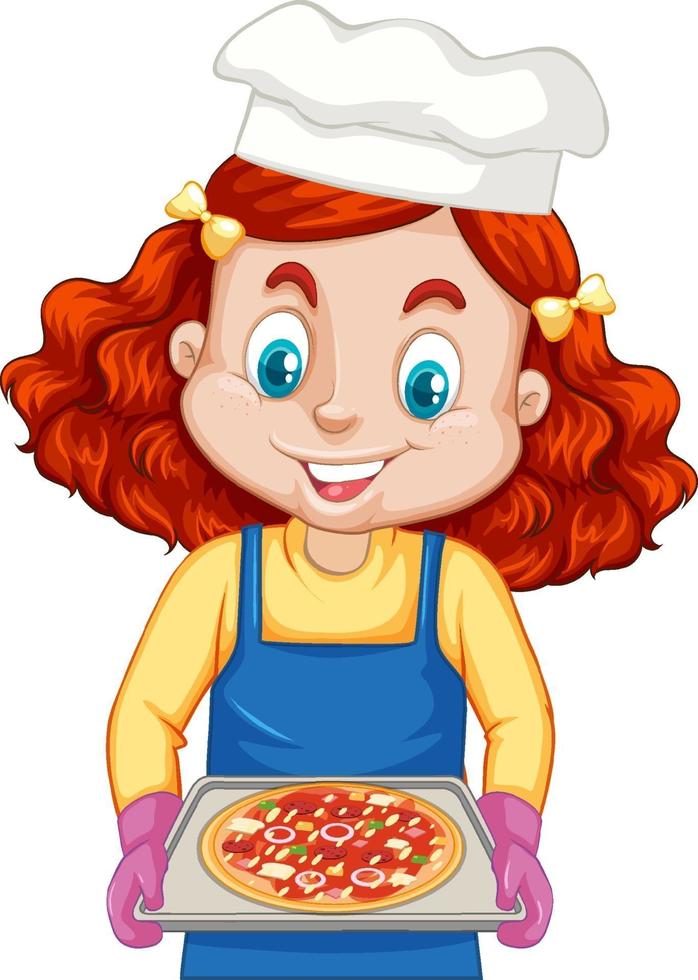 Kochmädchen-Zeichentrickfigur mit Pizzatablett vektor