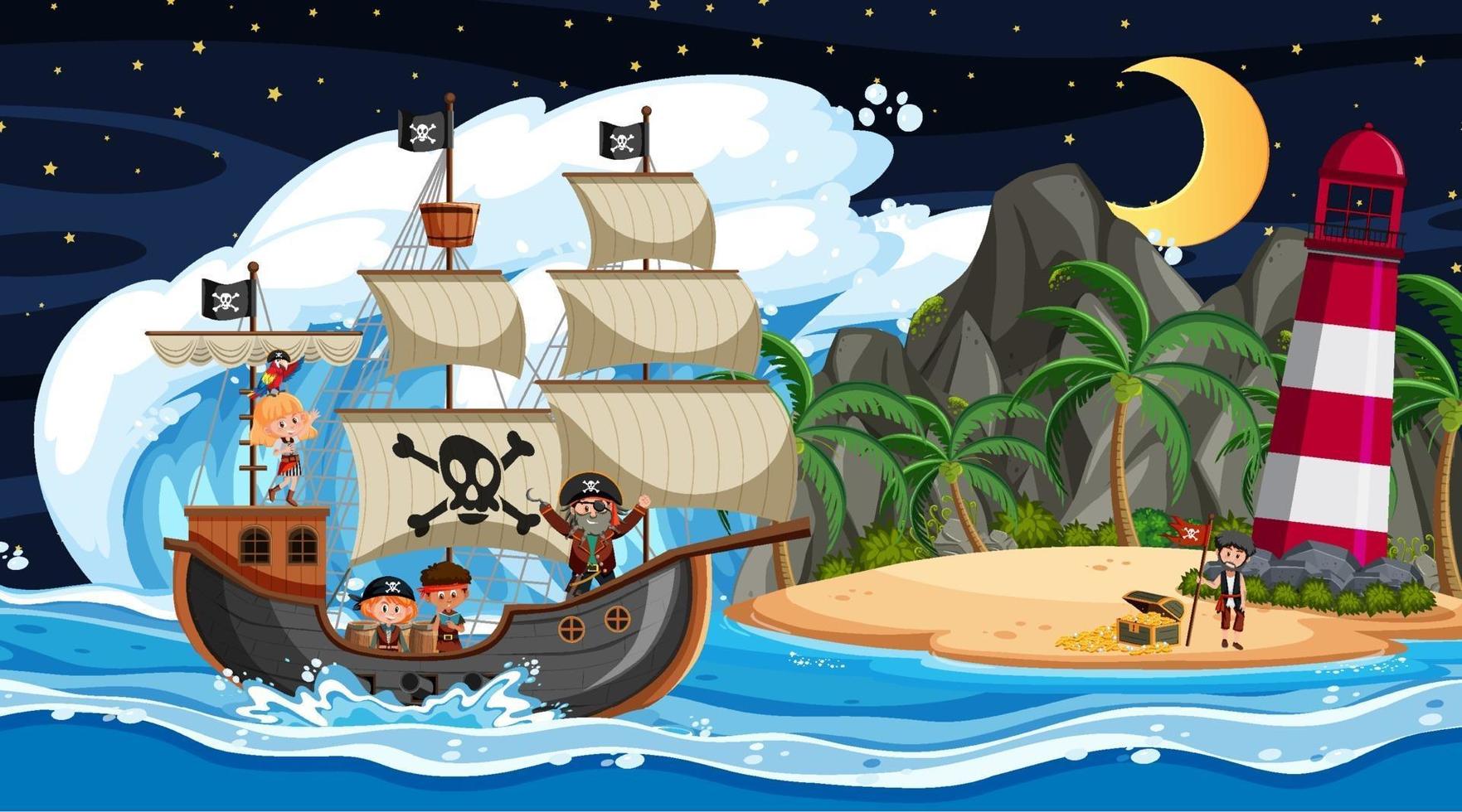 Insel mit Piratenschiff bei Nacht Szene im Cartoon-Stil vektor