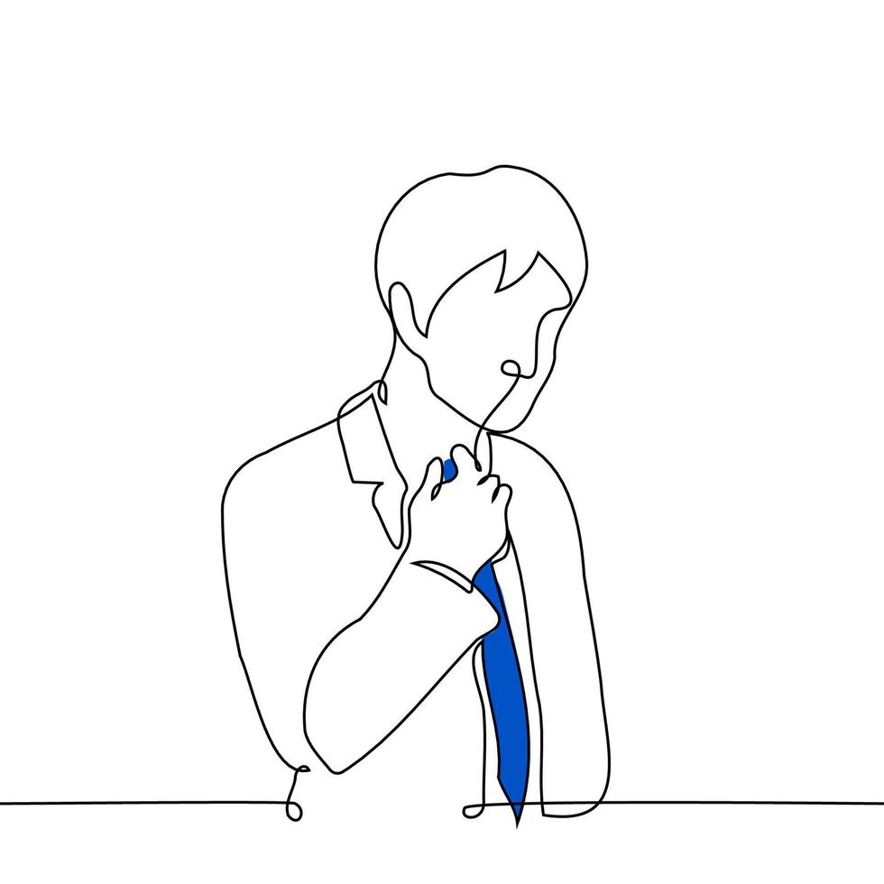Mann im ein passen einstellen seine Blau Krawatte beim das Hals - - einer Linie Zeichnung Vektor. Konzept Geschäftsmann Sorgen vektor