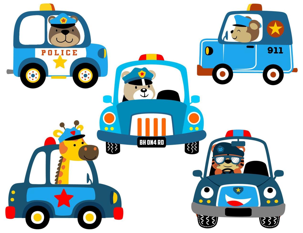 vektor uppsättning av polis bilar tecknad serie med rolig djur polis