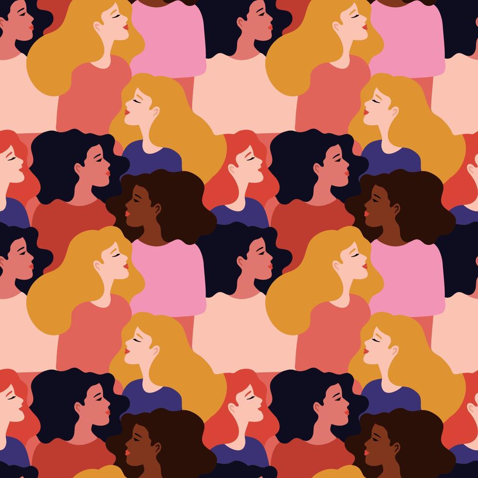 nahtlos Muster mit jung Frauen mit anders Haut farbe.sozial Diversität. Vektor Illustration