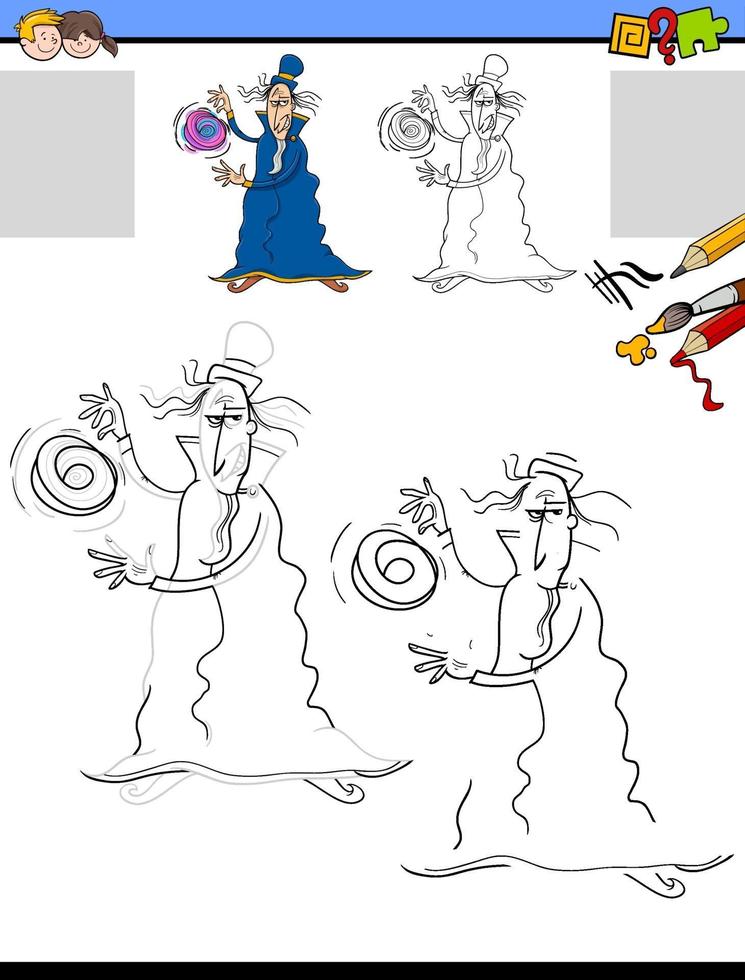 Zeichen- und Malaufgabe mit Zauberer-Fantasy-Charakter vektor
