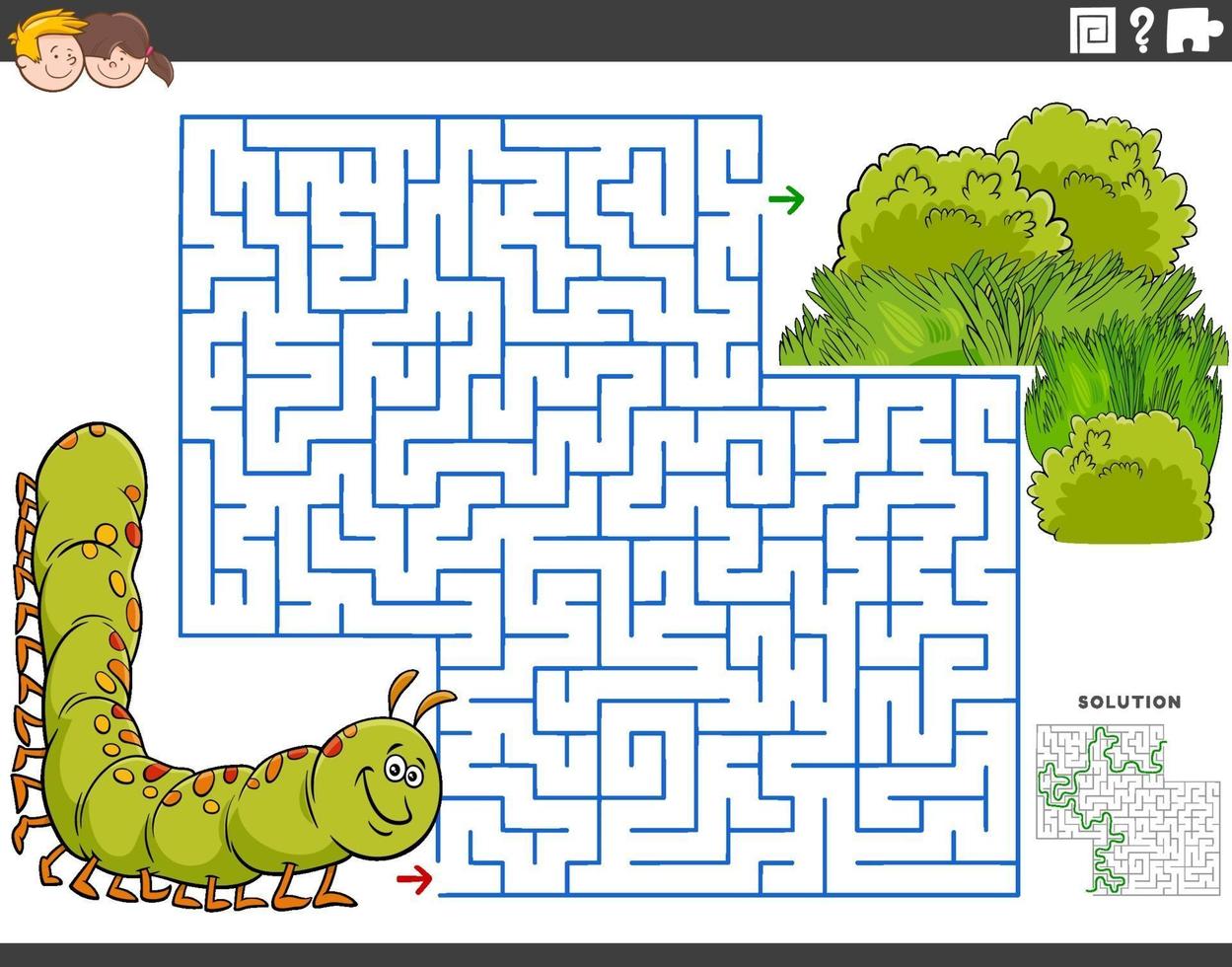 Labyrinth-Lernspiel mit Cartoon-Raupe und Wiese vektor