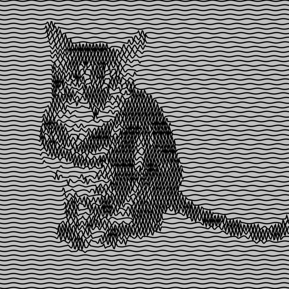 sitzende Katze im Linienstil. optische Kunst, Vektor gestreiftes Bild. schwarze Wellenkurve Bewegungslinien Grafiken.