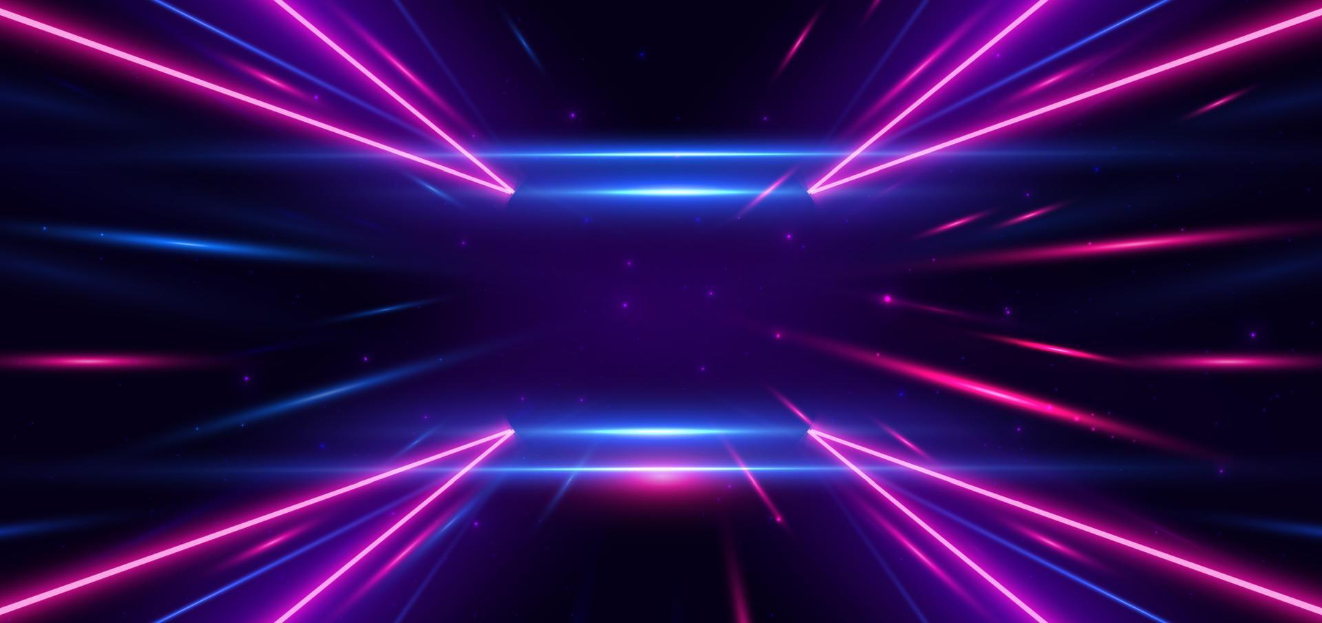 abstrakte technologie futuristisches neondreieck leuchtende blaue und rosa lichtlinien mit geschwindigkeitsbewegungsunschärfeeffekt auf dunkelblauem hintergrund. vektor