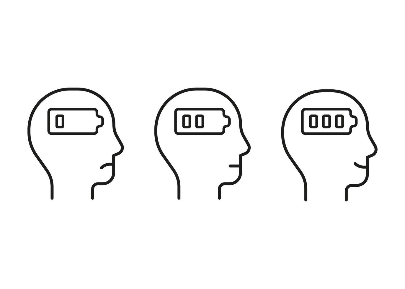 Energieniveau einstellen Person mit Batterie von schwach müde in voller Freude, Liniensymbol. menschen mit geringer ladung und fehlender batterieenergie und menschliches starkes kraftzeichen mit hoher energie. Burnout, Stress. Vektor