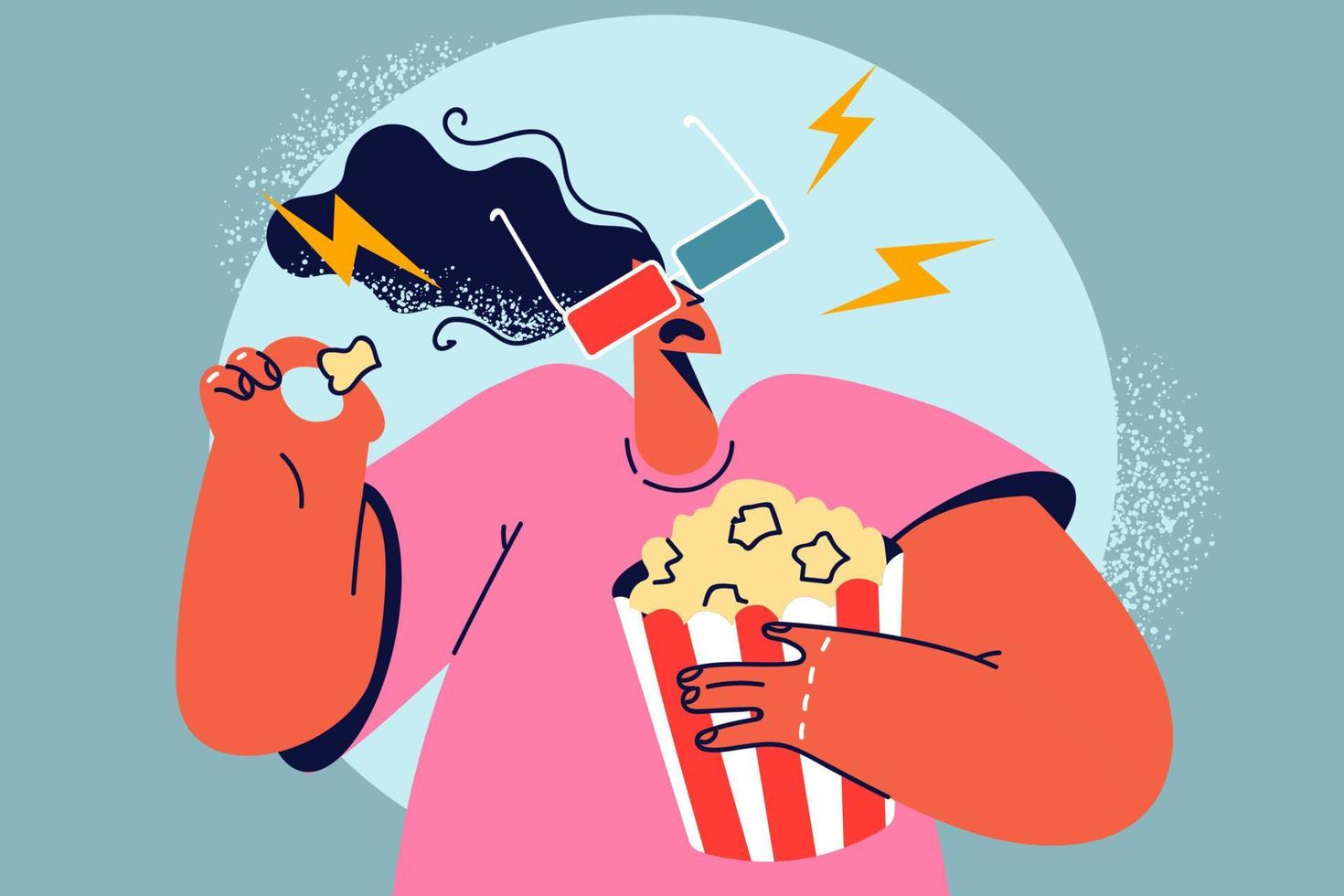 kvinna i 3d glasögon tittar på film äter popcorn i bio. tusenåriga flicka i glasögon njut av filma med mellanmål i film teater. underhållning och fritid. vektor illustration.