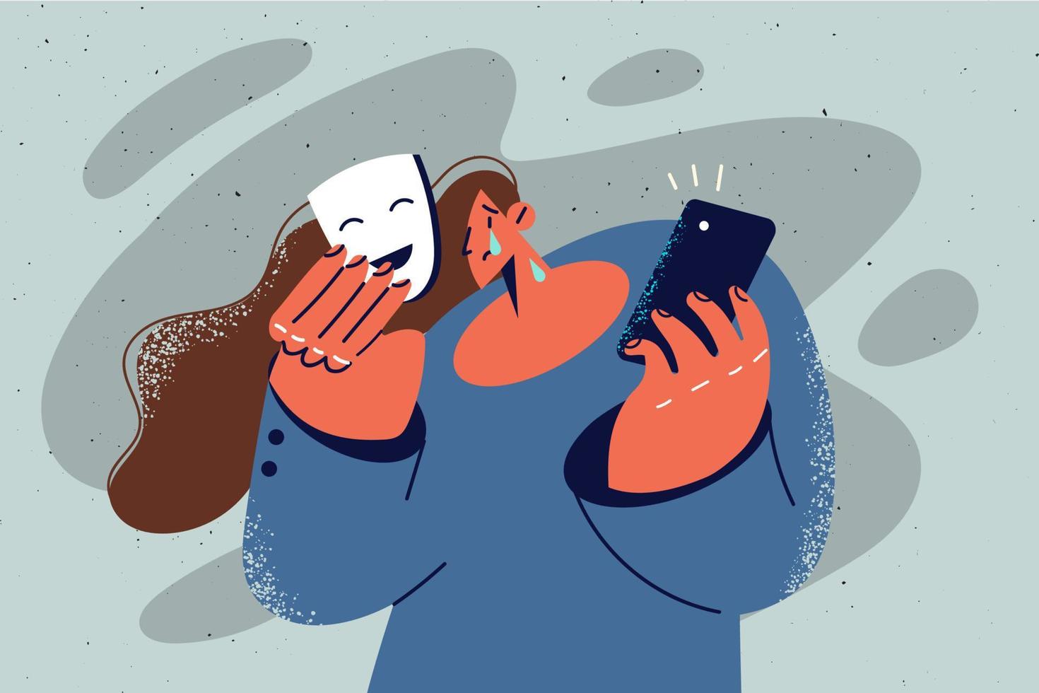 olycklig kvinna ta av ansikte mask gråta lida från mobbning uppkopplad. upprörd desperat kvinna Dölj känslor kamp med trakasserier på internet. vektor illustration.