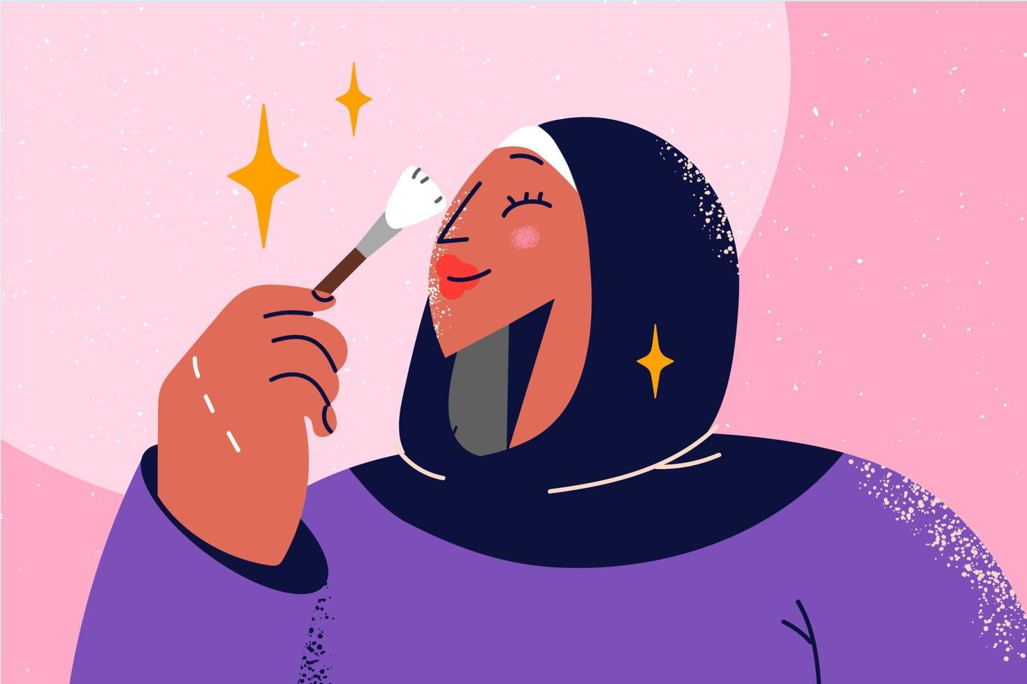 leende kvinna i hijab håller på med smink. Lycklig arabicum flicka i abaya innehav borsta pudring ansikte. glamour och skönhet förfaranden. vektor illustration.