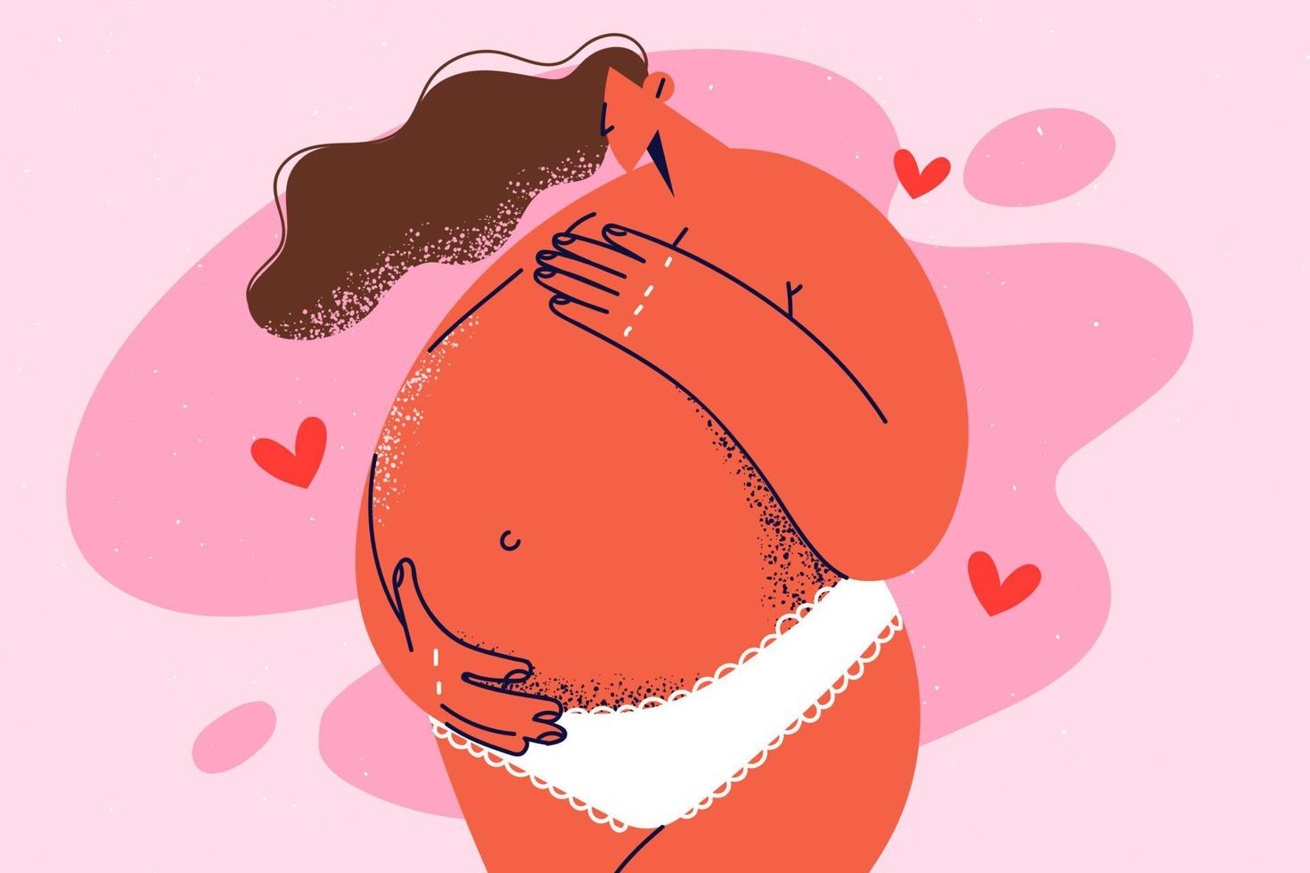 nackt Frau berühren groß Bauch aufgeregt mit Zukunft Mutterschaft. schwanger weiblich im Unterwäsche erwarten Kind. Schwangerschaft und Mutterschaft. Vektor Illustration.