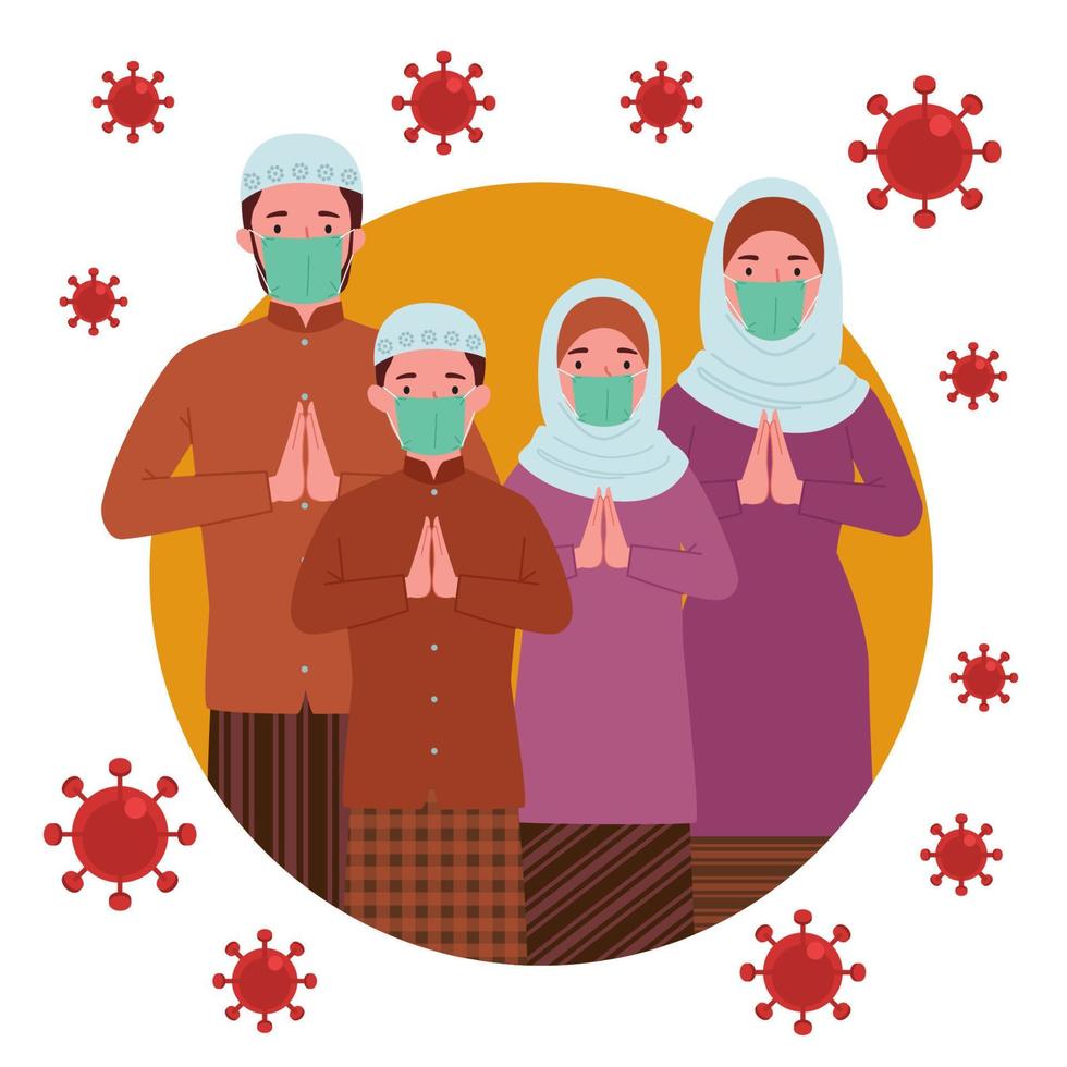 ein Gruppe von Muslim Familien bestehend aus von Eltern und ihr Kinder tragen Masken und Putten ihr Hände im Vorderseite von ihr Brust. vektor