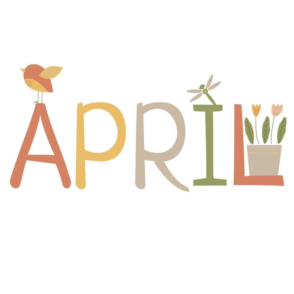 vektor text april med blommor och fågel