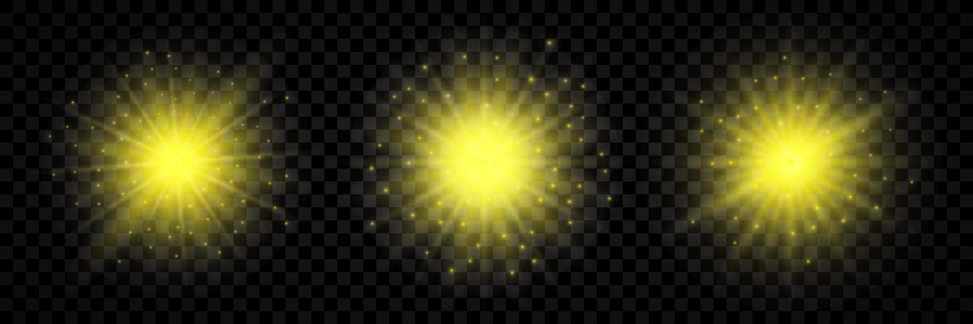 Licht bewirken von Linse Fackeln. einstellen von drei Gelb glühend Beleuchtung Starburst Auswirkungen mit funkelt vektor