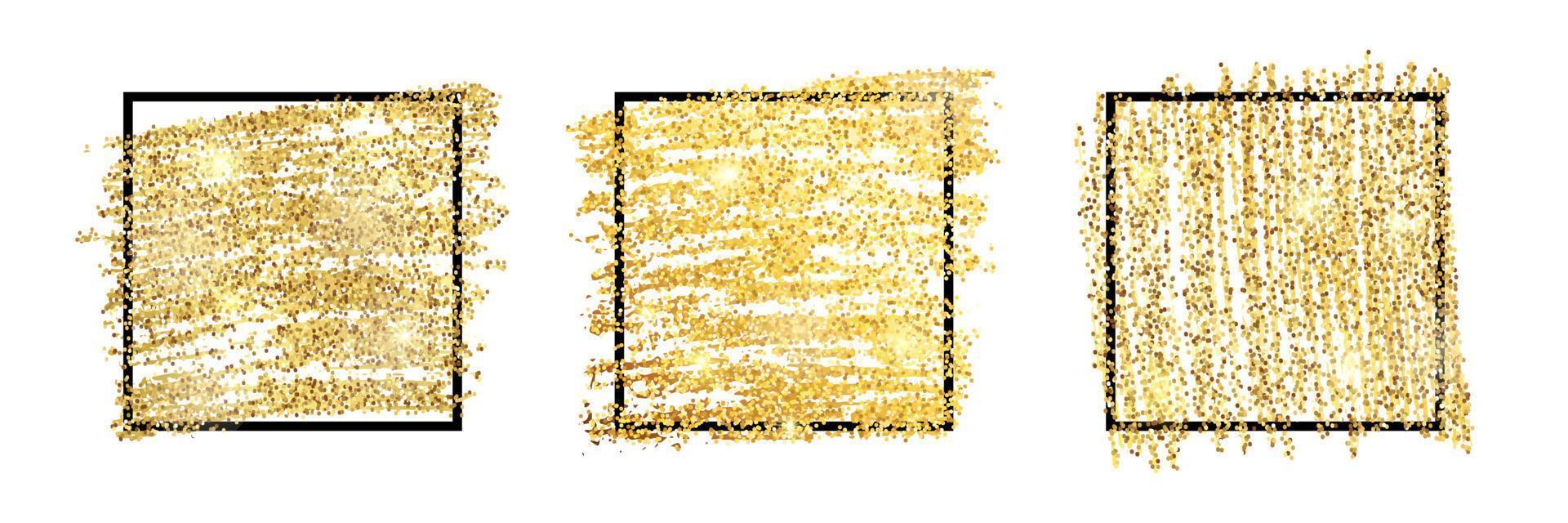 einstellen von drei golden Farbe glänzend Kulissen mit schwarz Platz Frames auf ein Weiß Hintergrund. Hintergrund mit Gold funkelt und funkeln Wirkung. leeren Raum zum Ihre Text. Vektor Illustration