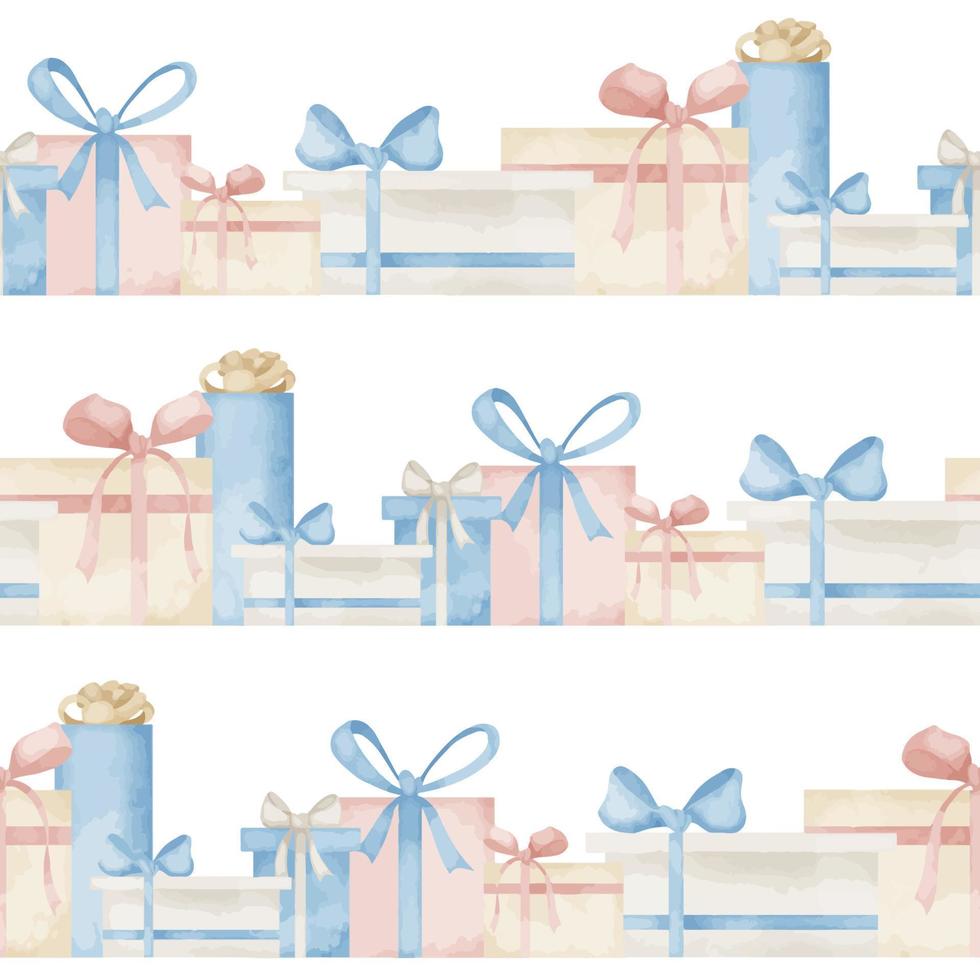 vattenfärg sömlös mönster med presenterar i söt pastell blå och rosa färger. hand dragen illustration med gåva lådor för Lycklig födelsedag fest på isolerat bakgrund. prydnad för omslag papper. vektor