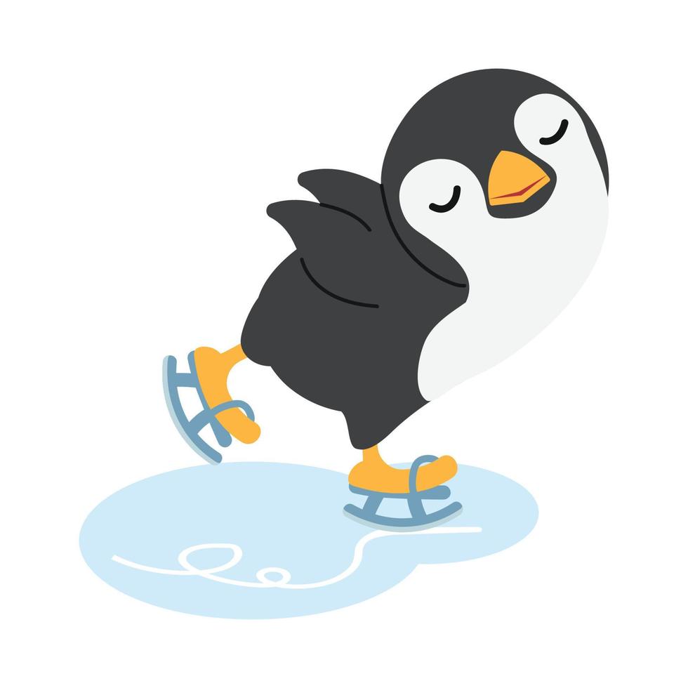 söt pingvin håller på med is skridskoåkning tecknad serie vektor