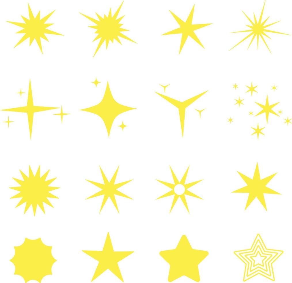 vektor uppsättning av stjärnor ikon. ljus gyllene gul lysande stjärnor på en vit bakgrund. Plats objekt, gnista, blixt, ljus. Bra för klistermärken, webb, skriva ut, nyår design, broschyrer, flygblad.