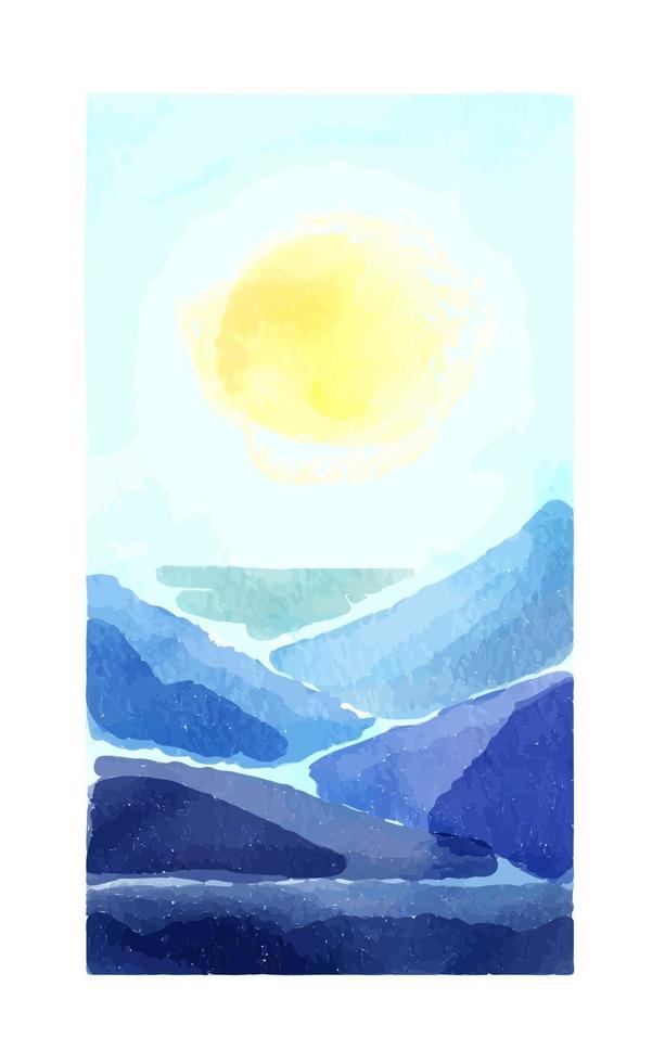 vattenfärg landskap, se på blå berg, Sol vektor