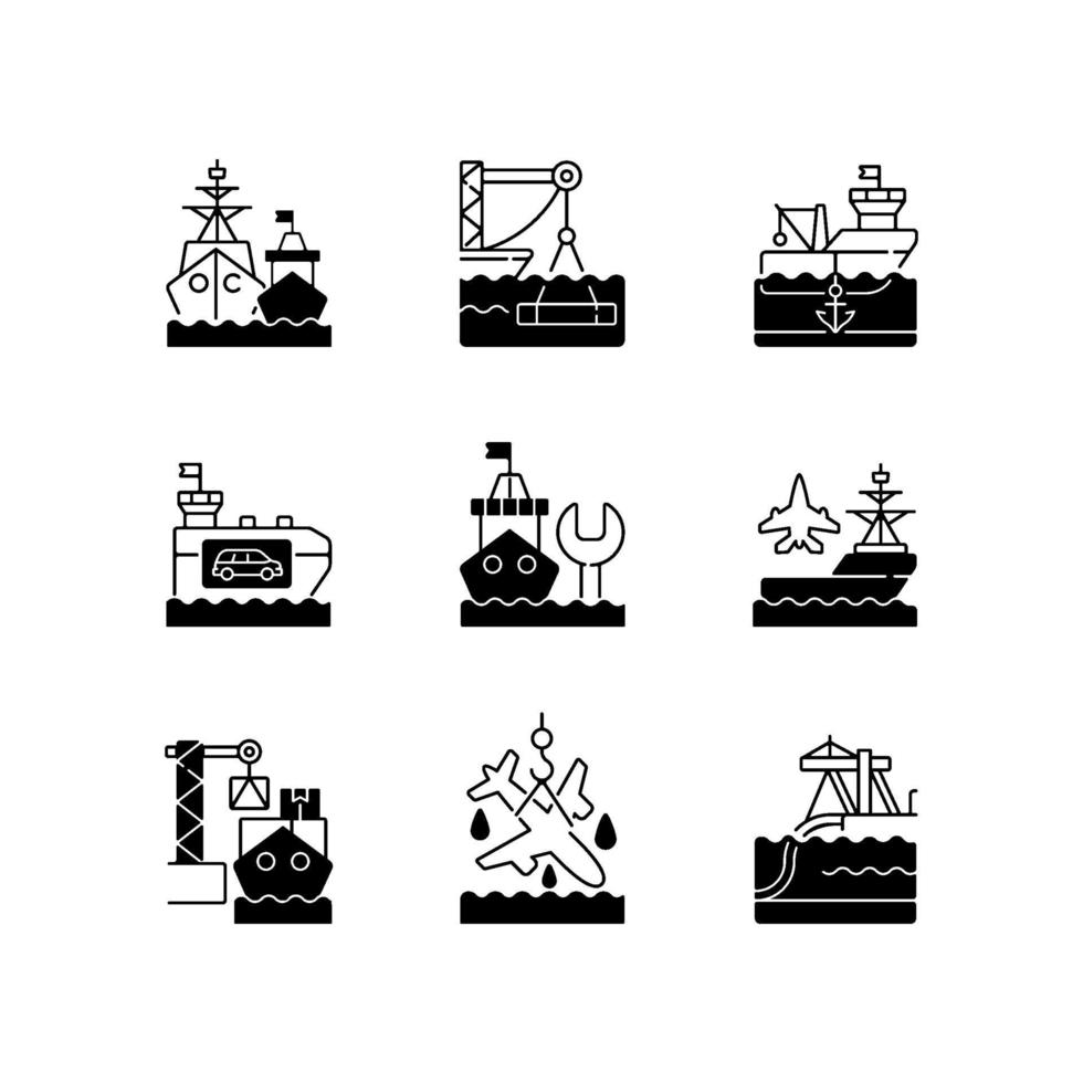 Schifffahrtsindustrie schwarze lineare Symbole eingestellt vektor
