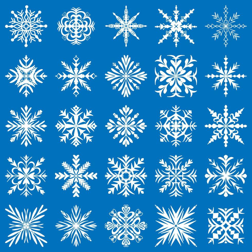 schön einstellen Weiß Schneeflocken auf ein Blau Hintergrund zum Winter Design. vektor