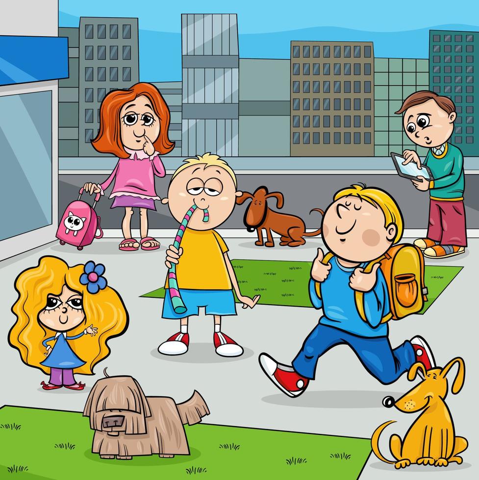 tecknad serie barn grupp i de stad fyrkant vektor