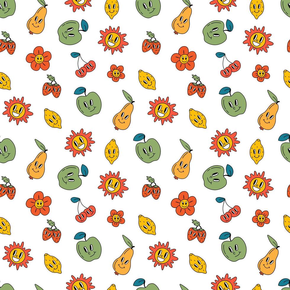 retro sömlös mönster, häftig hippie bakgrunder. tecknad serie skraj skriva ut med päron, äpplen, Sol, körsbär, jordgubbe, blomma mönster. vektor