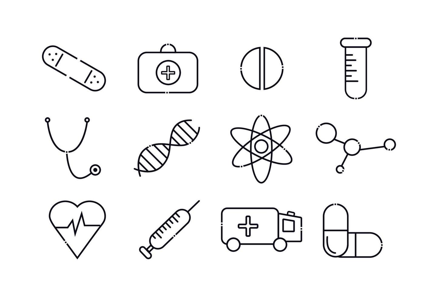 Medizin Symbole Satz. Elemente im das einstellen Tablette, DNA, Spritze, Kapsel, Herz, medizinisch Koffer, Stethoskop, Krankenwagen, Krankenwagen, Prüfung Rohr. vektor