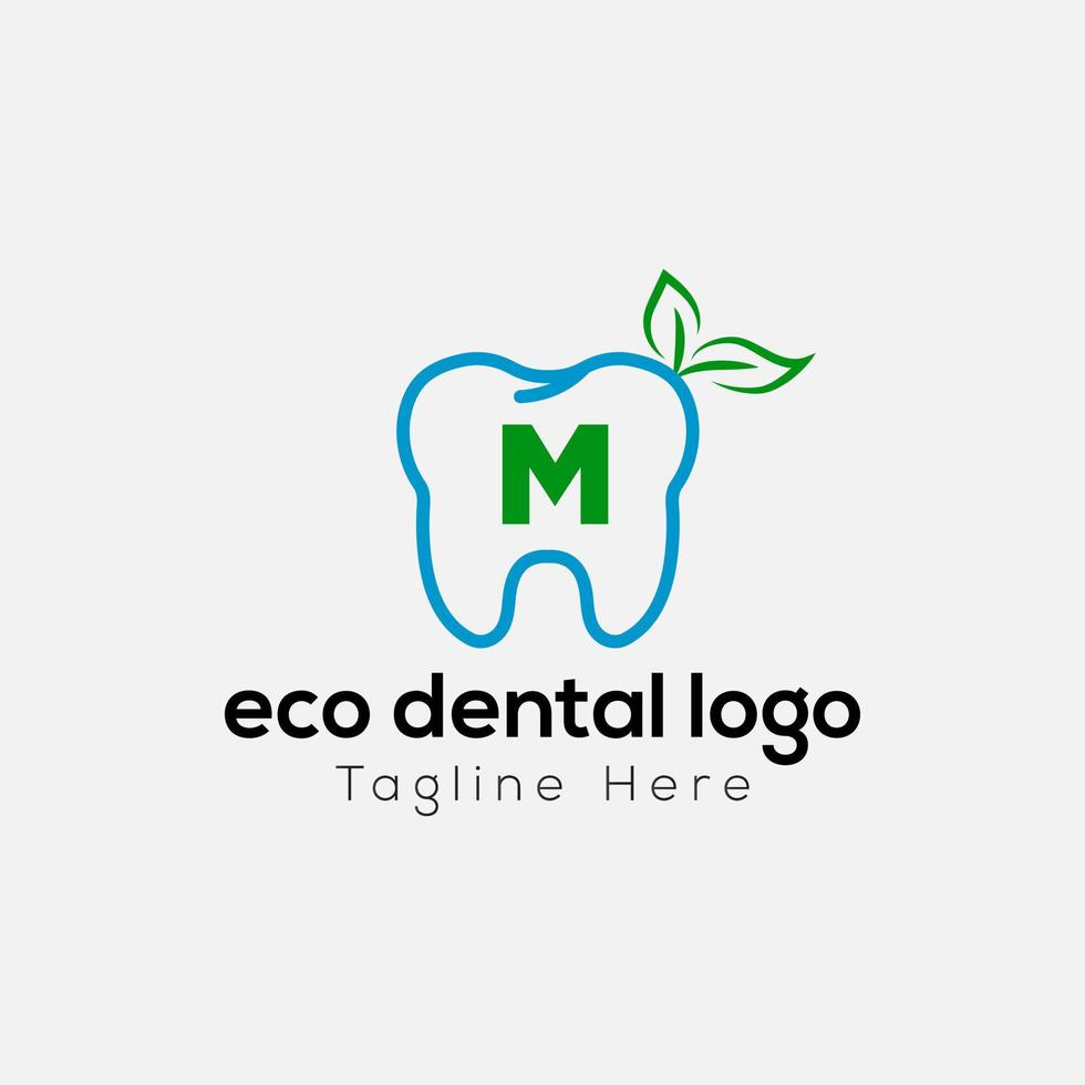 eco dental logotyp på brev m mall. eco dental på m brev, första eco dental, tänder tecken begrepp vektor