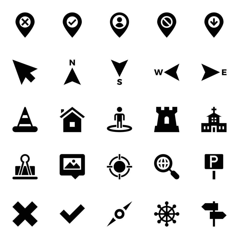Glyphe Symbole zum Karte und Navigation. vektor