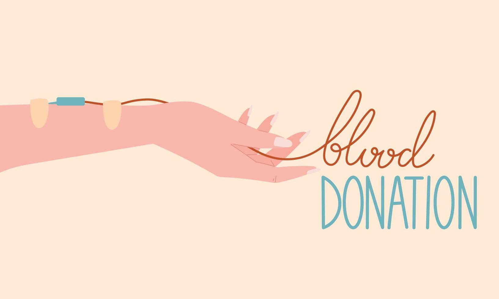 blod donation begrepp platt baner med text. tecknad serie kvinna hand med kateter, medicinsk plåster och rör. vektor