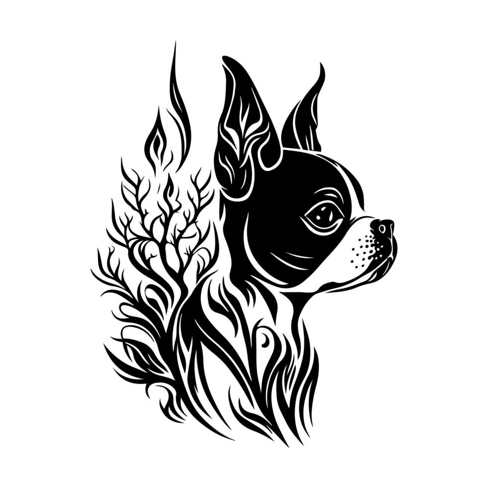 Zier Porträt von ein Boston Terrier Hund im das Wildnis. dekorativ Illustration zum Schlüsselbund, T-Shirt, Haustier Typenschild, Stichworte, Brandmalerei. einfarbig Vektor Illustration, isoliert.