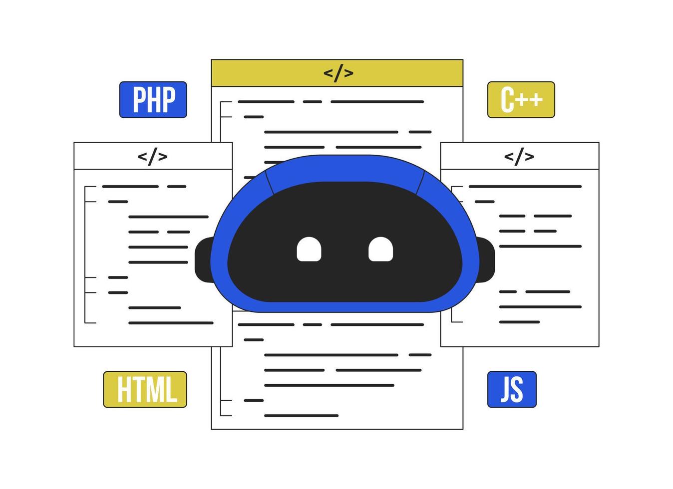 ai-assisterad kodning linje begrepp vektor fläck illustration. redigerbar 2d platt Färg tecknad serie scen på vit för webb design. programmering kreativ linjekonst aning för hemsida, mobil