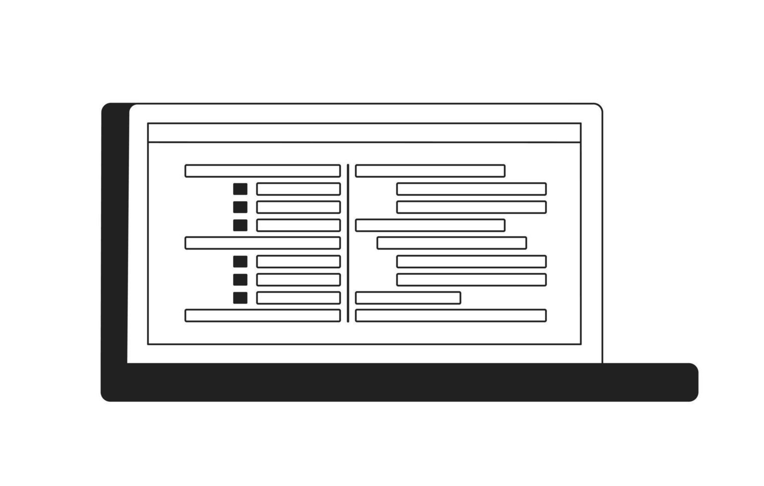 Laptop mit horizontal Bar Diagramme einfarbig eben Vektor Objekt. editierbar schwarz und Weiß Symbol. voll Größe Element auf Weiß. einfach dünn Linie Kunst Stelle Illustration zum Netz Grafik Design und Animation