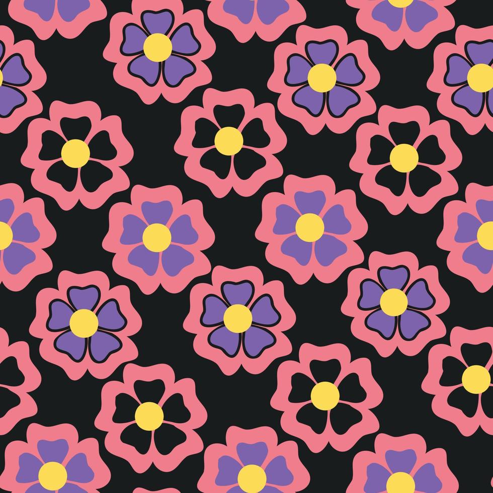 retro Muster mit bunt Blumen auf schwarz Hintergrund vektor