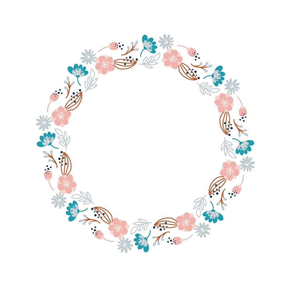 Sommerkranz mit Blumen im skandinavischen Stil. Frühlingskraut flache abstrakte Vektor Gartenrahmen für Frau Tag romantischen Urlaub, Hochzeitskarte. Element Blumen isolierte Illustration