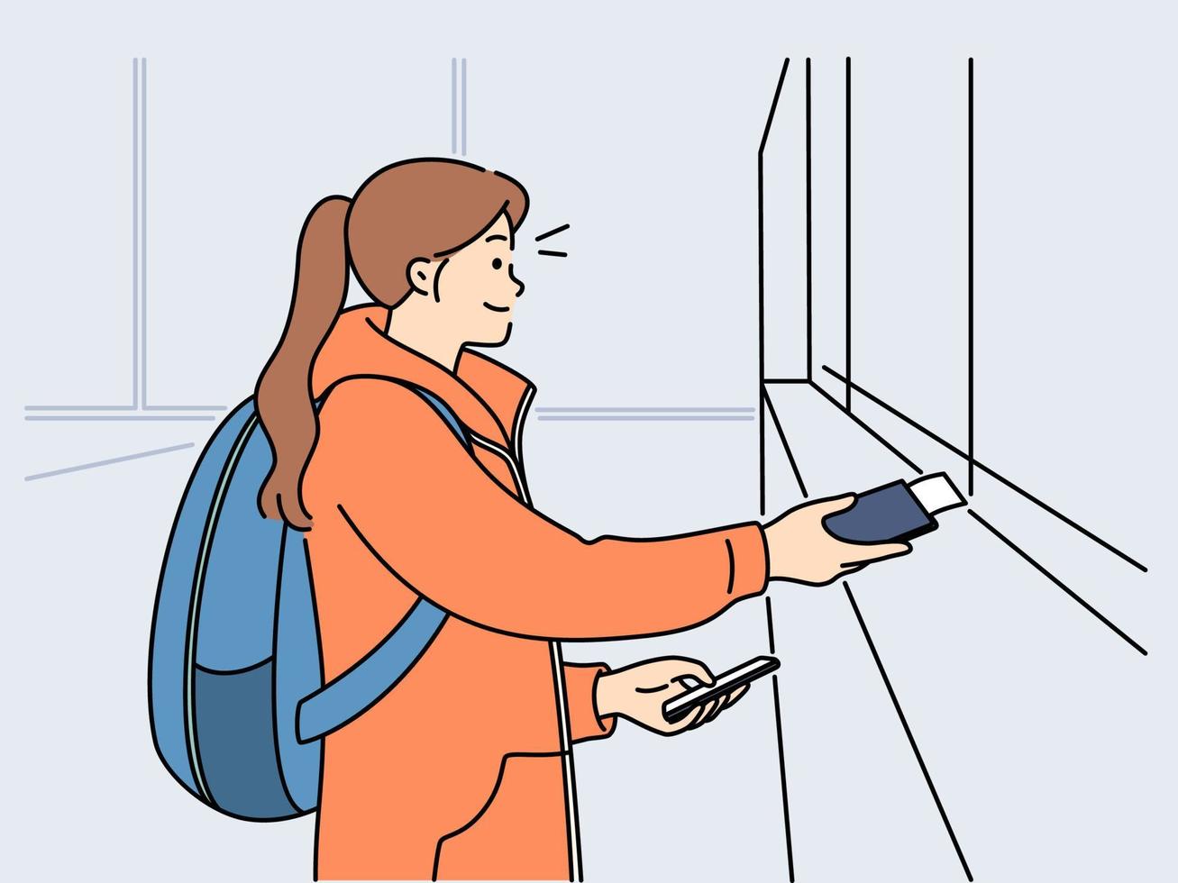 lächelnd Mädchen mit Rucksack Kauf Tickets beim Zug Bahnhof. glücklich weiblich Reisender geben Unterlagen Kauf bestehen beim Kasse beim Eisenbahn Terminal. Vektor Illustration.