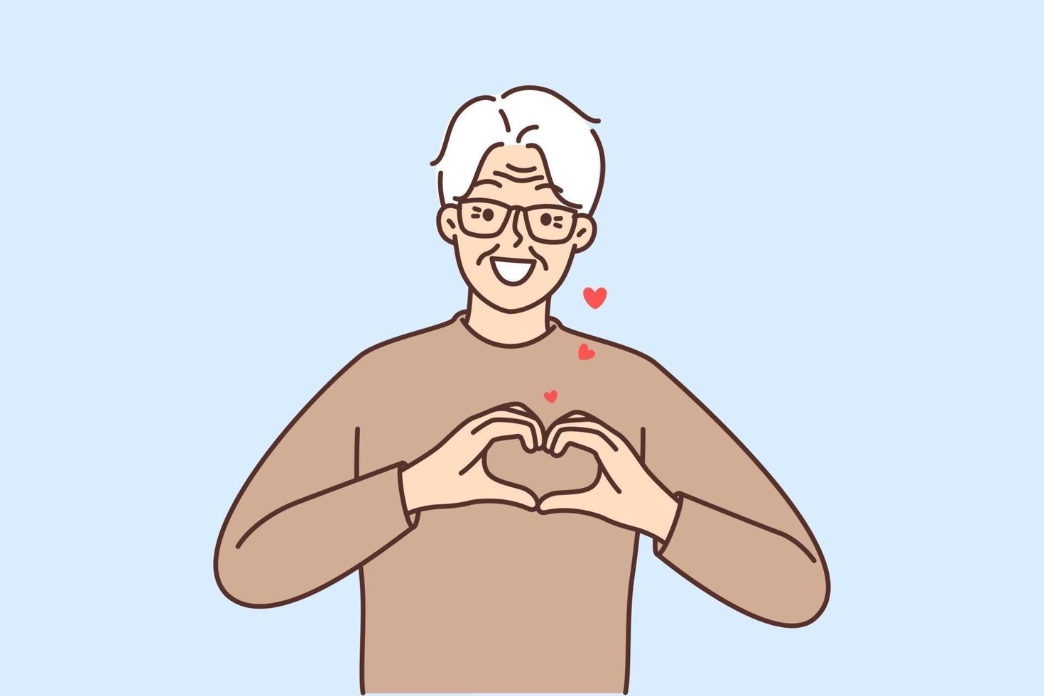 leende mogna grå håriga man i glasögon visa hjärta symbol dela med sig kärlek och Stöd. Lycklig äldre farfar känna tacksam och tacksam. tacksamhet. vektor illustration.