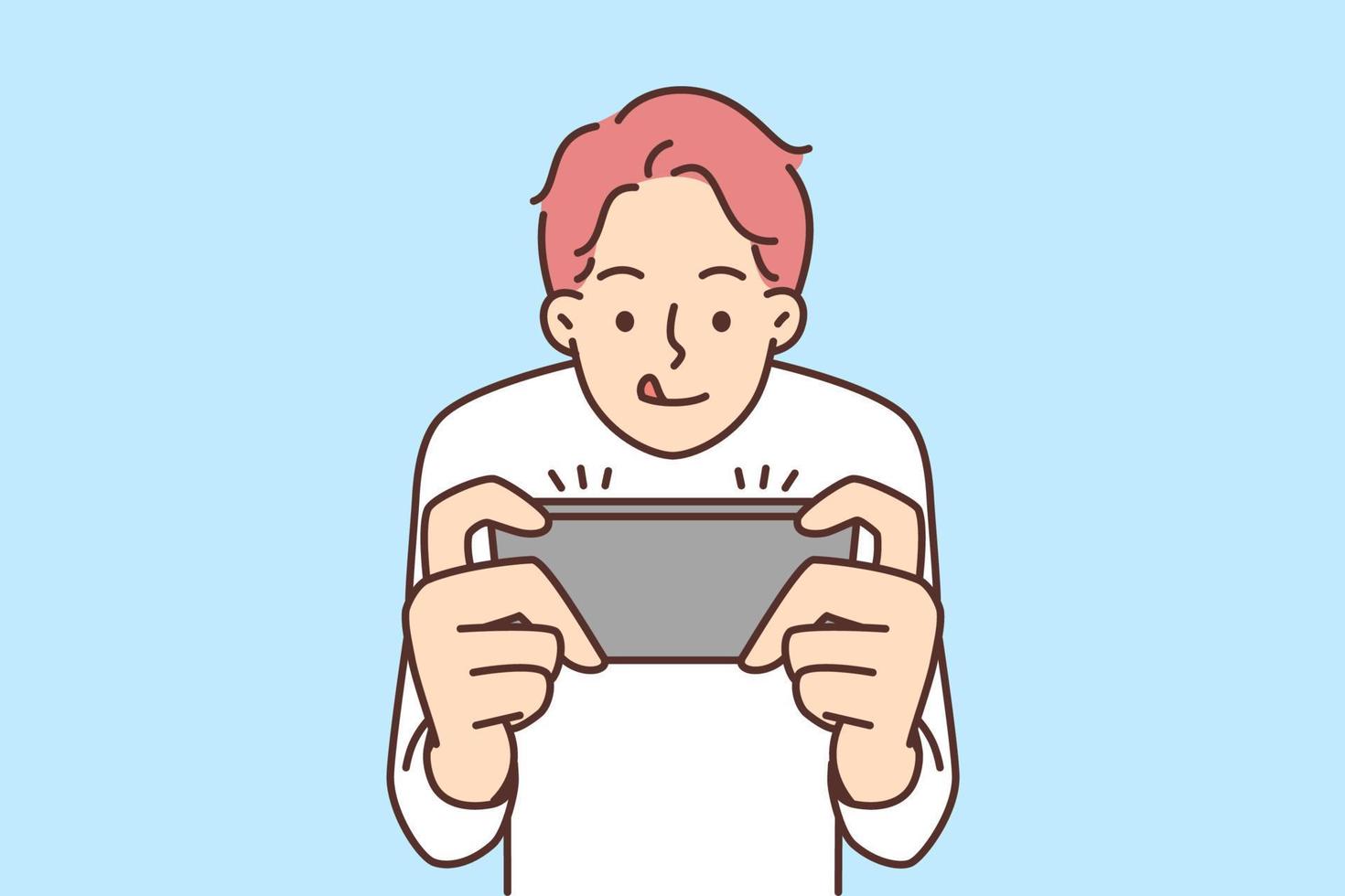 kille ha roligt spelar video spel på mobiltelefon. Beroende små barn se på smartphone skärm involverad i digital verklighet. vektor illustration.