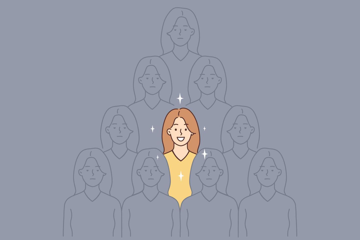 leende ung kvinna stå ut av grå folkmassan med okänd ansikten. självsäker framgångsrik kvinna känna optimistisk och glad bland identisk människor. vektor illustration.