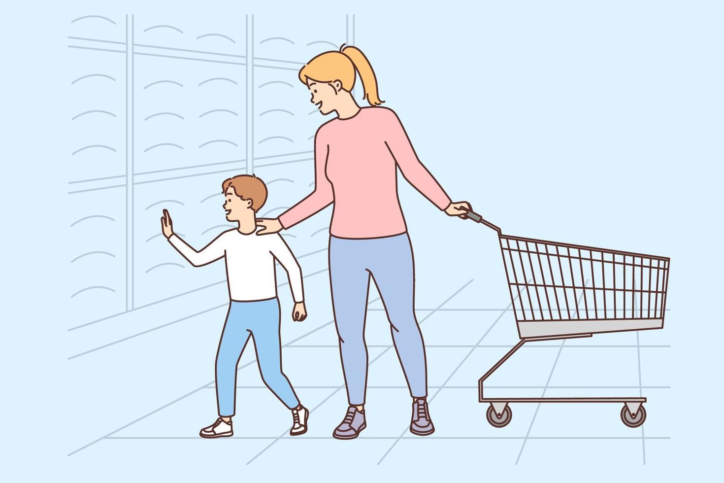 jung Mutter und klein Kind mit Wagen im Supermarkt. lächelnd Mama und wenig Kind Einkaufen Kauf Lebensmittel im speichern. Vektor Illustration.