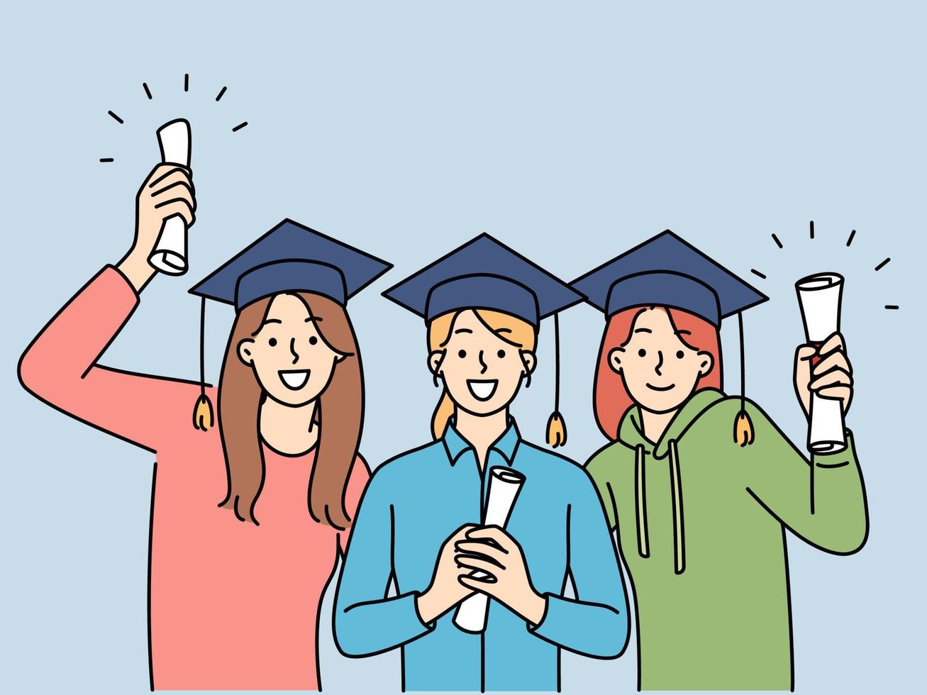 glücklich Mädchen im Kappen halten Diplome aufgeregt Über Universität Abschluss. lächelnd weiblich Studenten Absolvent Hochschule oder Institut. Bildung. Vektor Illustration.