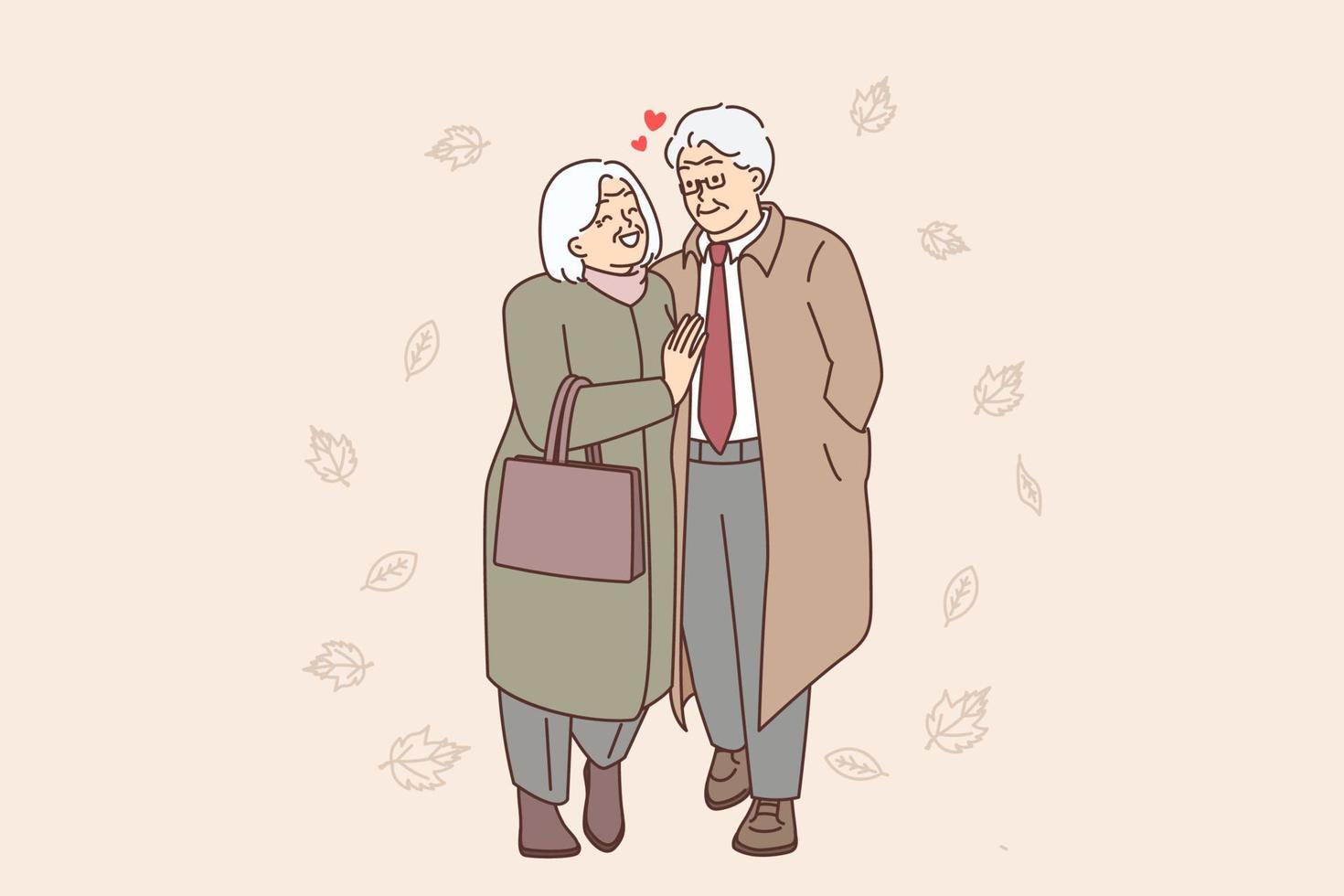 glücklich Alten Paar im Oberbekleidung Gehen im Park umarmen. lächelnd reifen Großeltern genießen gehen im Herbst Wald. Liebe und Altern. Vektor Illustration.
