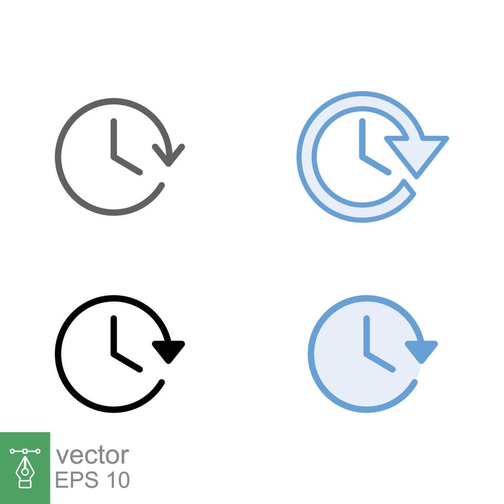 klocka tid period med pil ikon uppsättning. timer, minut, nedräkning begrepp. enkel redigerbar stroke, översikt, fylld översikt, fast, platt stil. vektor illustration isolerat på vit bakgrund. eps 10.